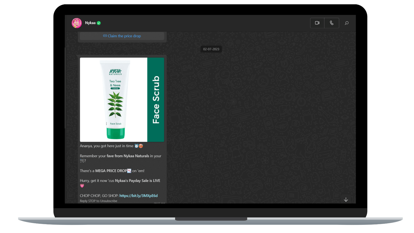 Product alert from nykaa through WhatsApp.