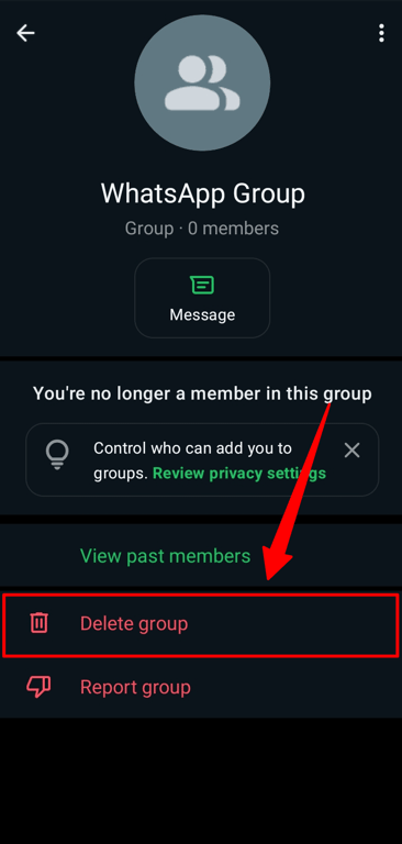 The 'Delete group’ option in the WhatsApp Group settings.