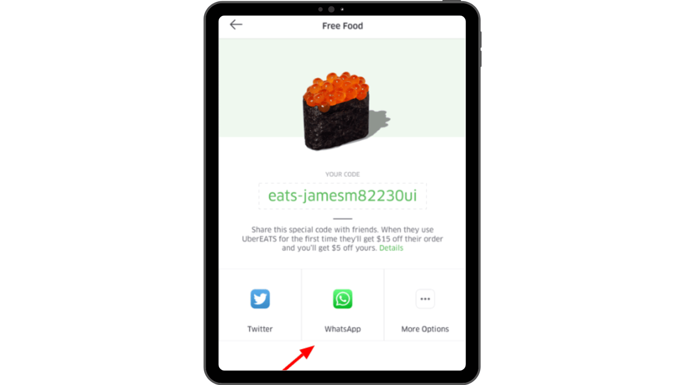UberEATS referral program code, which can be shared on WhatsApp.