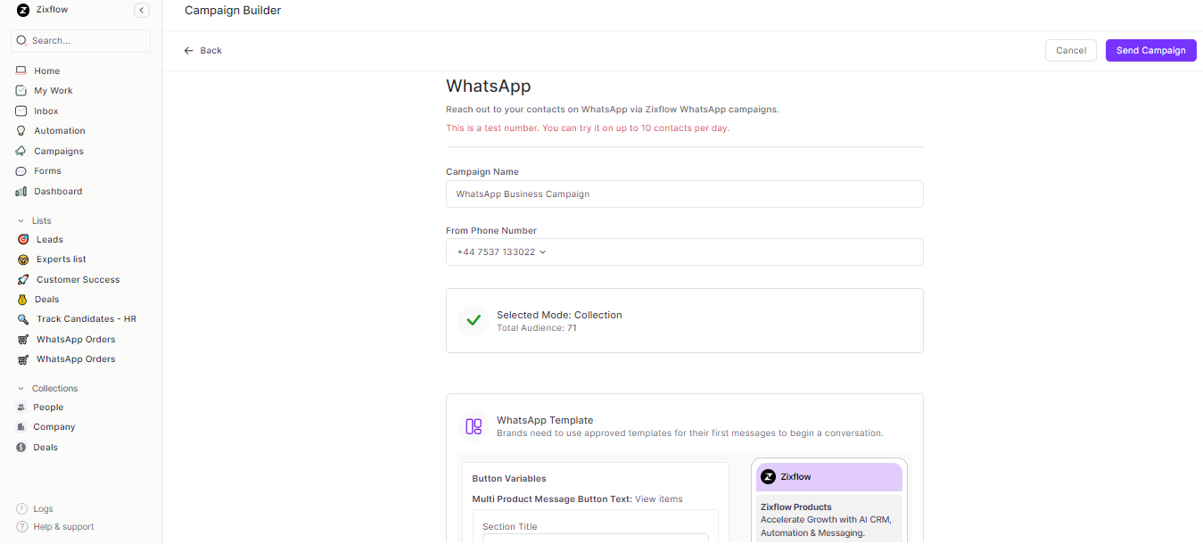 Zixflow’s intuitive WhatsApp campaign builder.