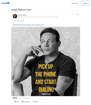 Jordan Belfort's Linkedin Post