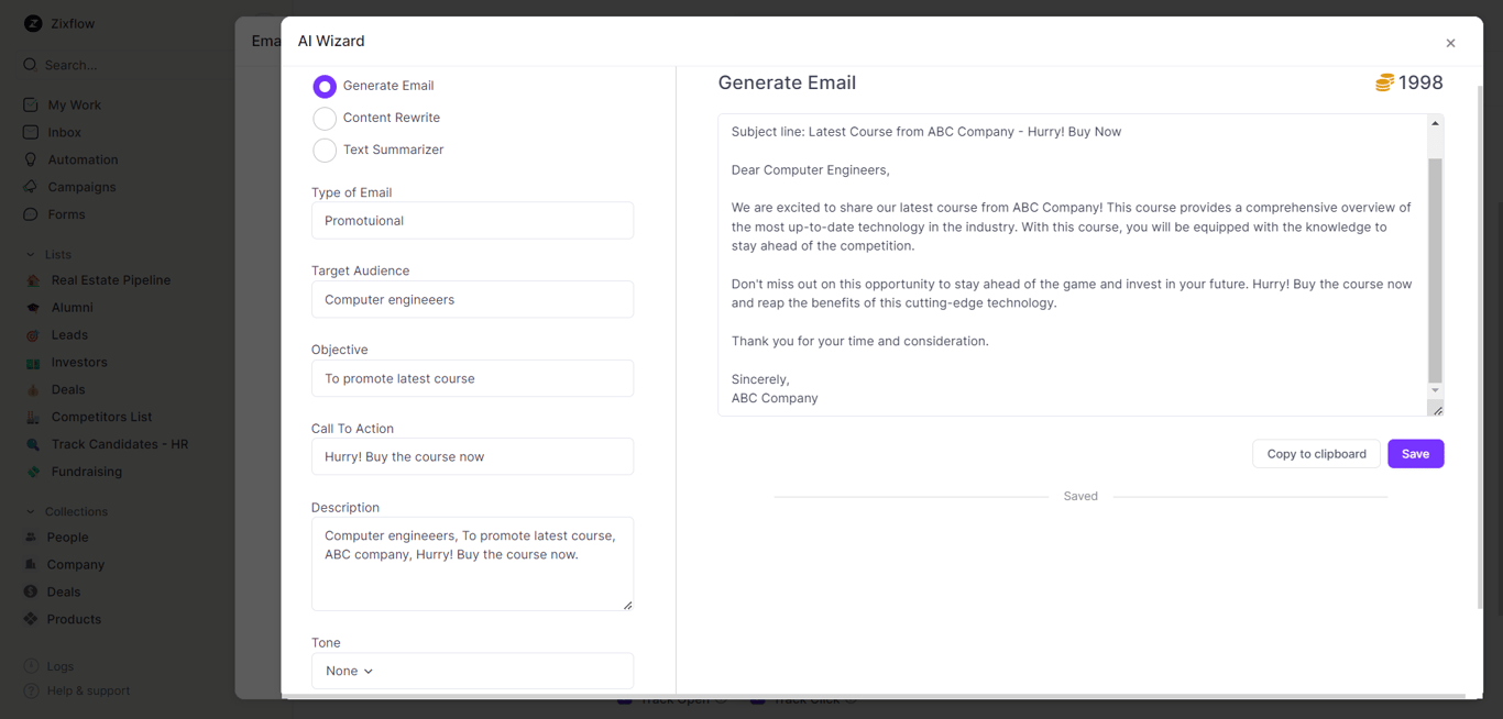 Instruct the AI email writer of Zixflow which is a Sendiblue alternative to write an amazing copy that can resonate with your customers.