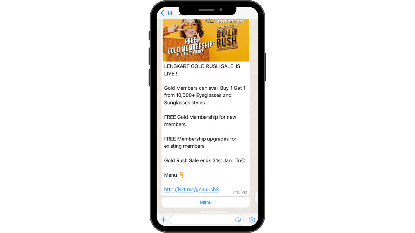 An example of a flash sale WhatsApp message from Lenskart.