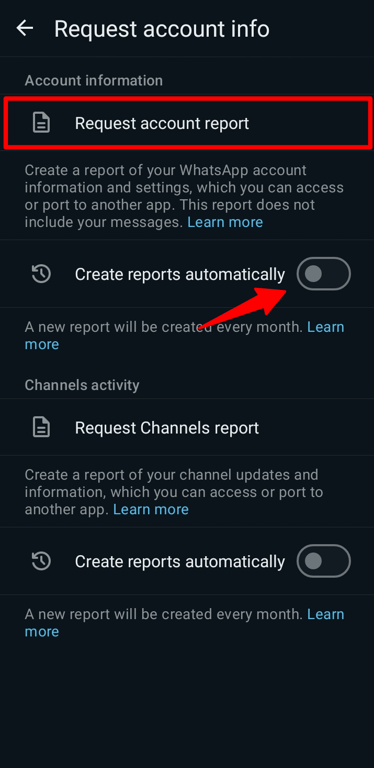 Request account info option and automatic report creation toggle in WhatsApp.