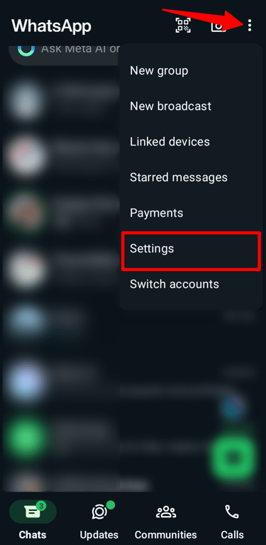 The menu buttons in the WhatsApp mobile app.