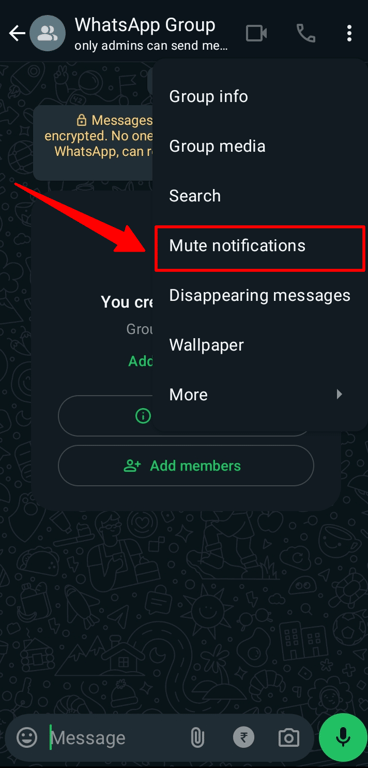 The ‘Mute notification’ option in your WhatsApp Group.