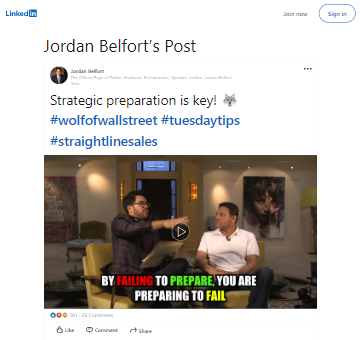 Jordan Belfort's Linkedin Post