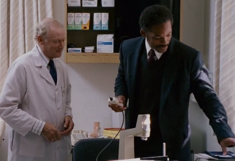Chris trying to sell his bone density scanner in the movie The Pursuit of Happyness.