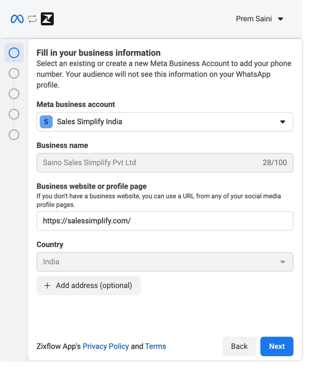 Fill in your business information properly to connect your account with Zixflow.
