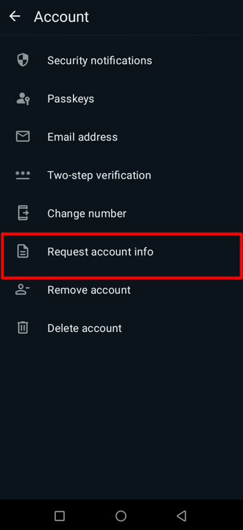 The request account info option within the account settings of the WhatsApp mobile app.