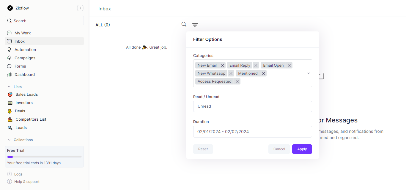 Zixflow’s unified inbox to manage your conversations.