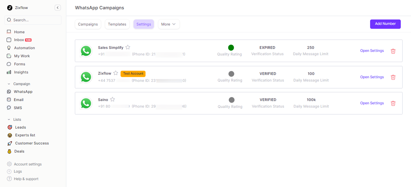 WhatsApp numbers listed to Zixflow.