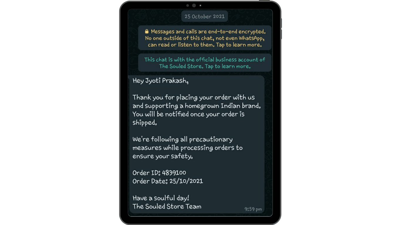 Order confirmation WhatsApp message to keep your customer updated.