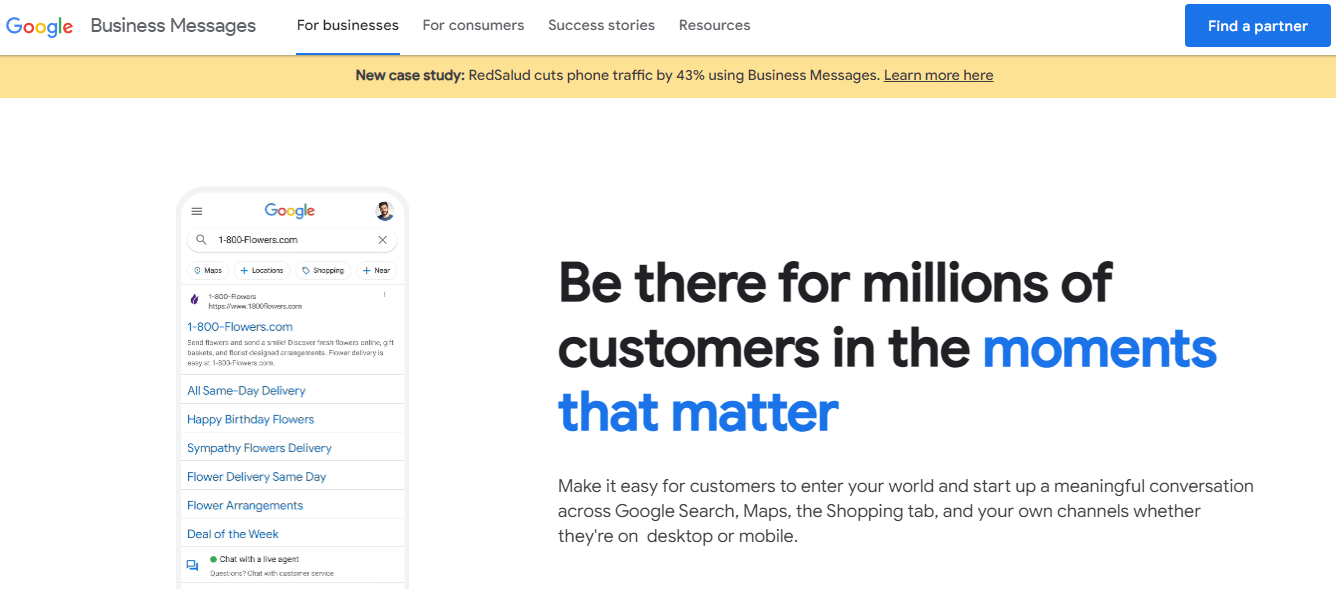 Homepage of Google Business Messages, an alternative to WhatsApp Business.
