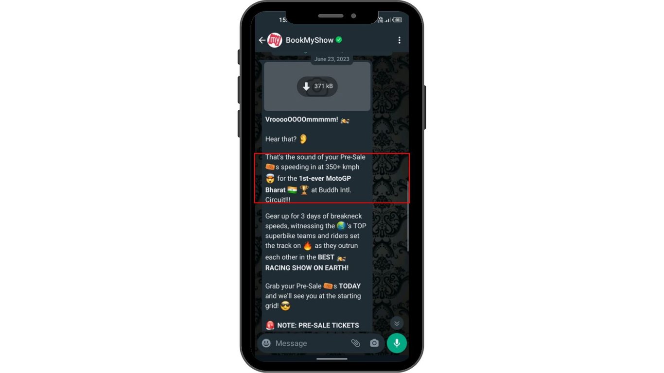 Pre-sale offer advertisement message with BookMyShow.
