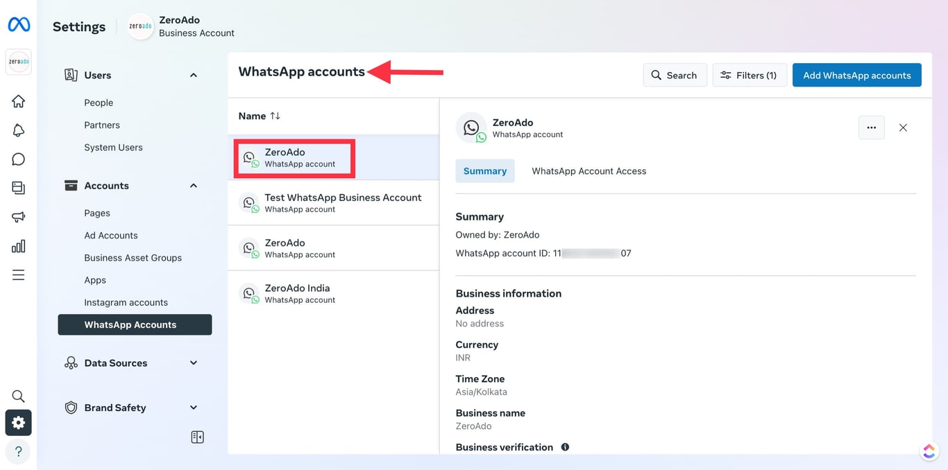 WhatsApp accounts section.