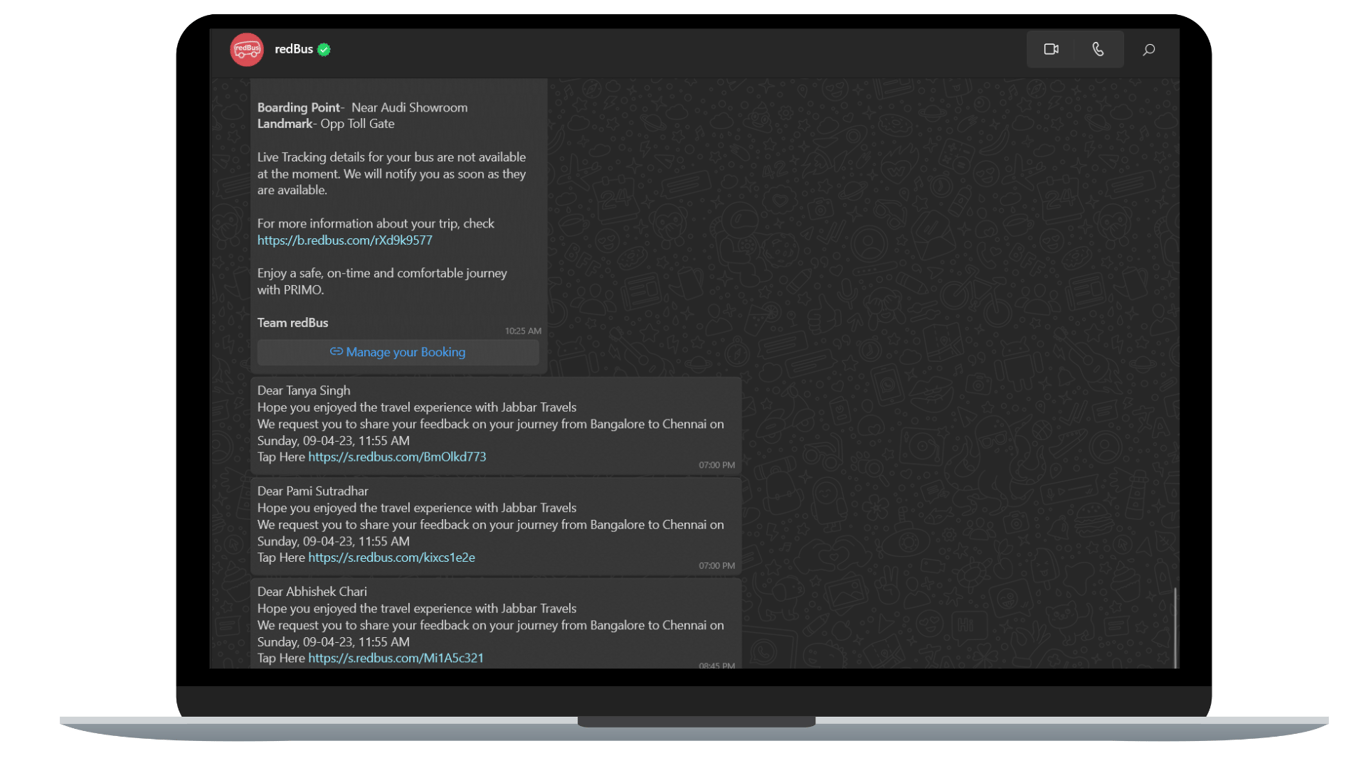 redBus sends feedback messages to its users after every trip.