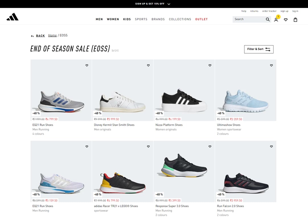 An example of an online selling platform, Adidas.