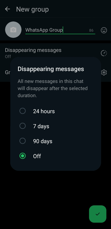 The disappearing message setting in the WhatsApp mobile app.