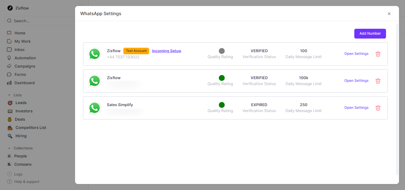 WhatsApp Business accounts that are added and verified in Zixflow.