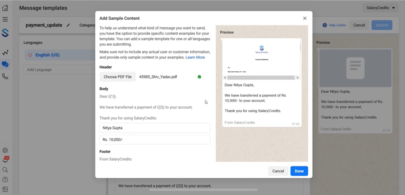 Add sample content to send messages.