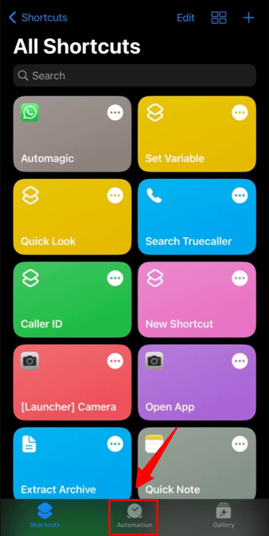 Automation option in the Shortcuts app.