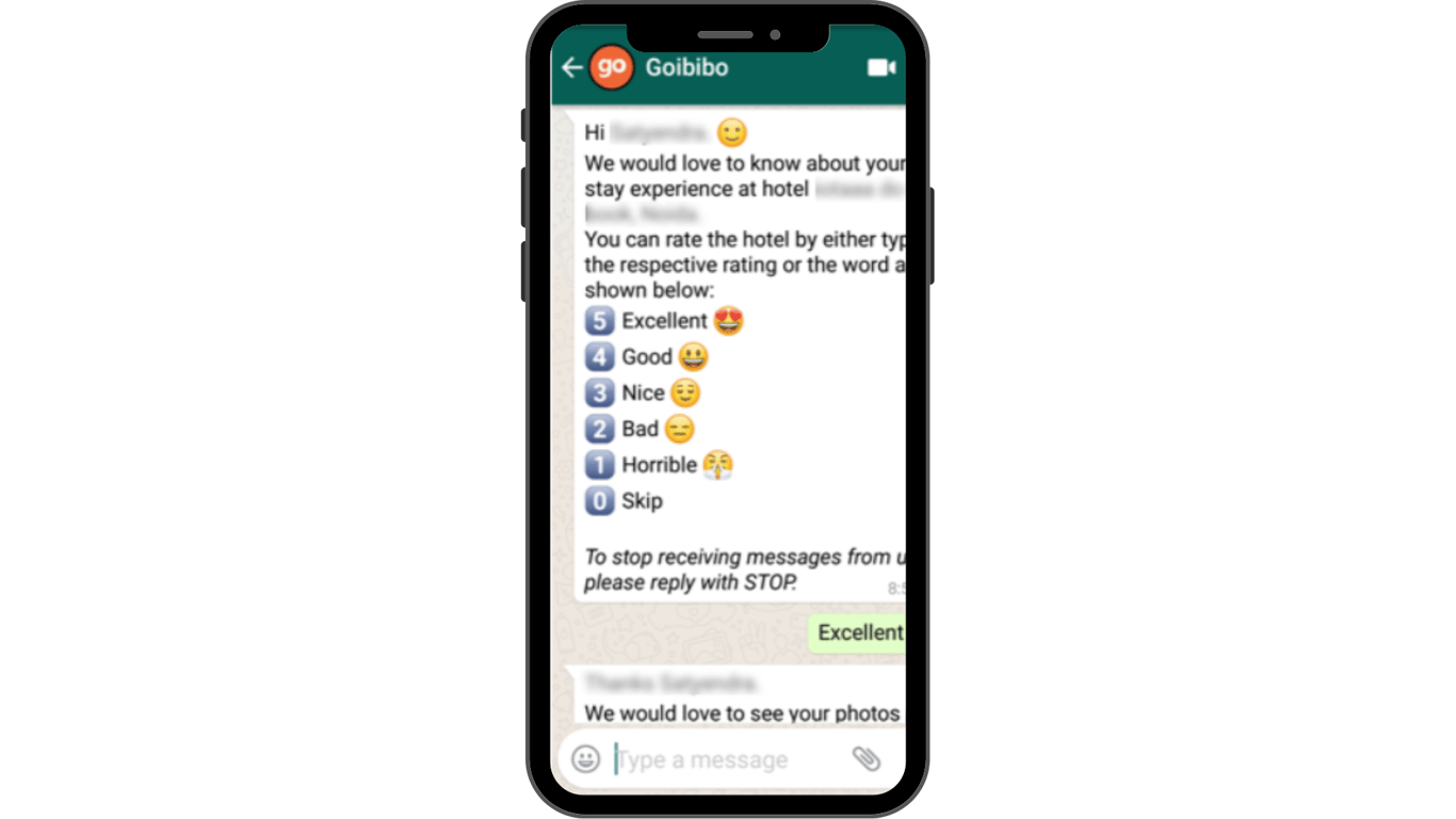 Customer experience survey message by Goibibo.