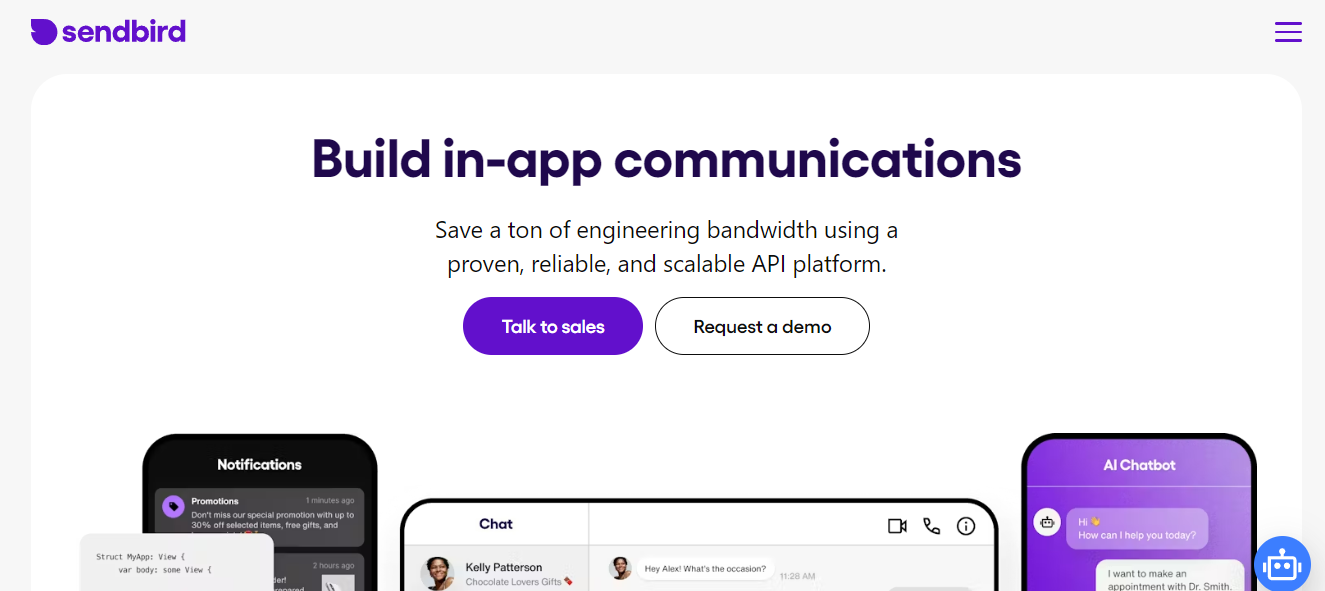 Homepage of Sendbird, an alternative to WhatsApp Business.
