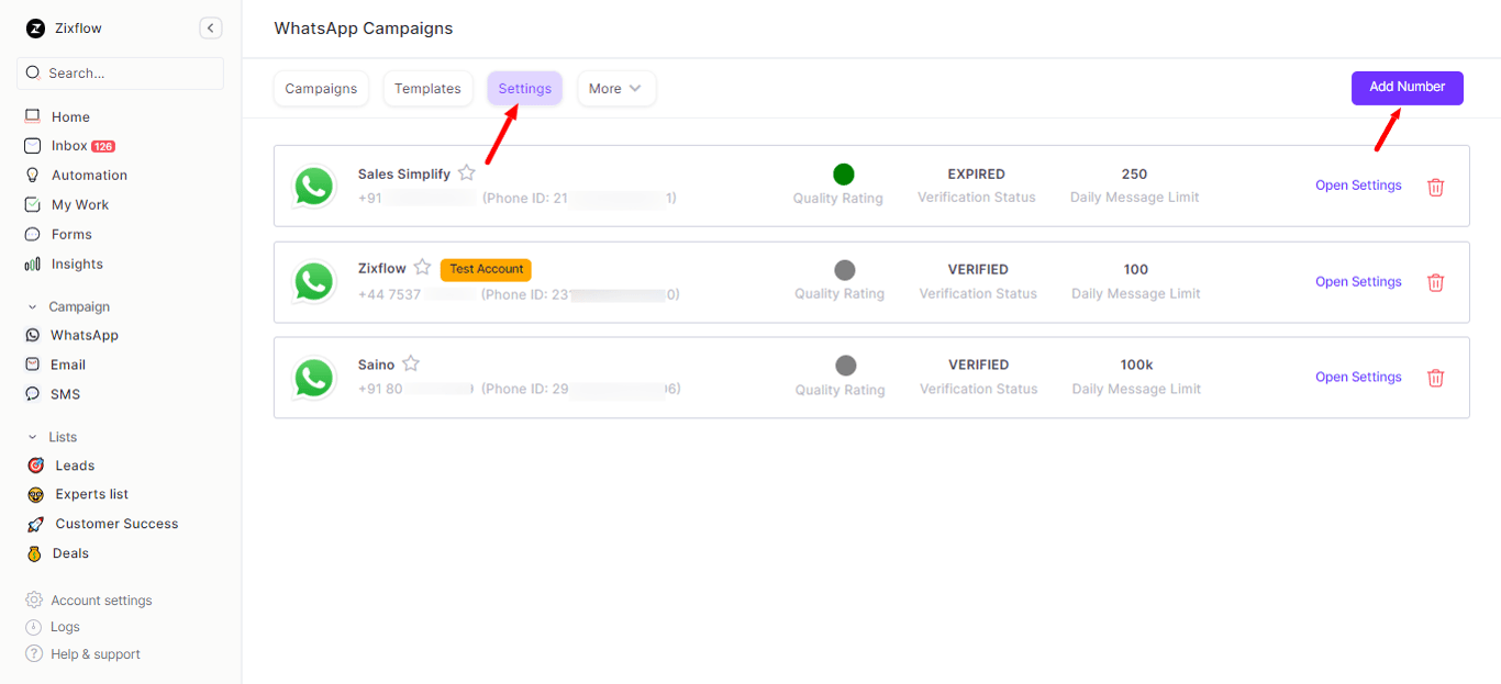 Zixflow’s WhatsApp campaign settings.
