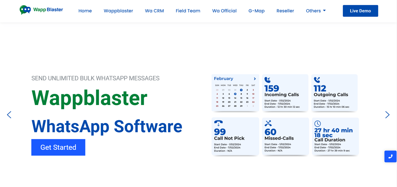 Homepage of WappBlaster, a WhatsApp blast software.
