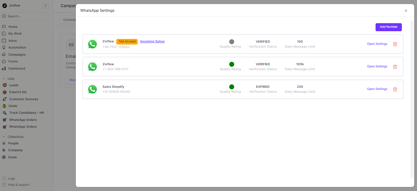 Zixflow provides a WhatsApp test account number for your ease.