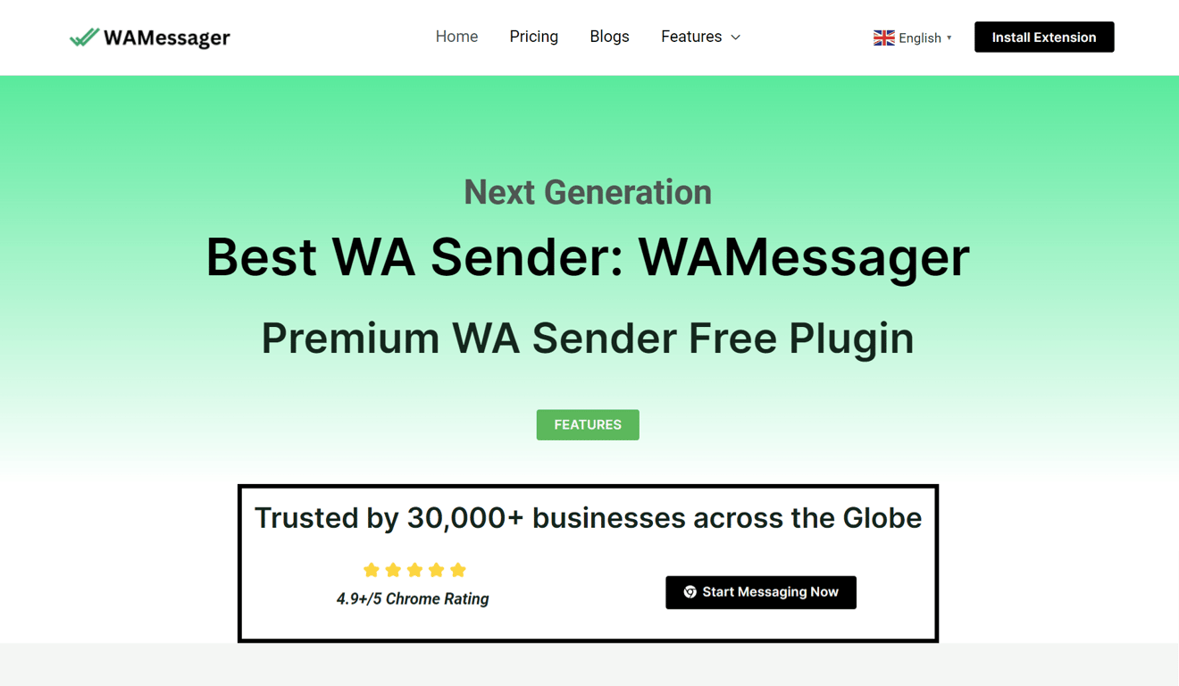 Homepage of WAMessager, a bulk WhatsApp marketing platform.