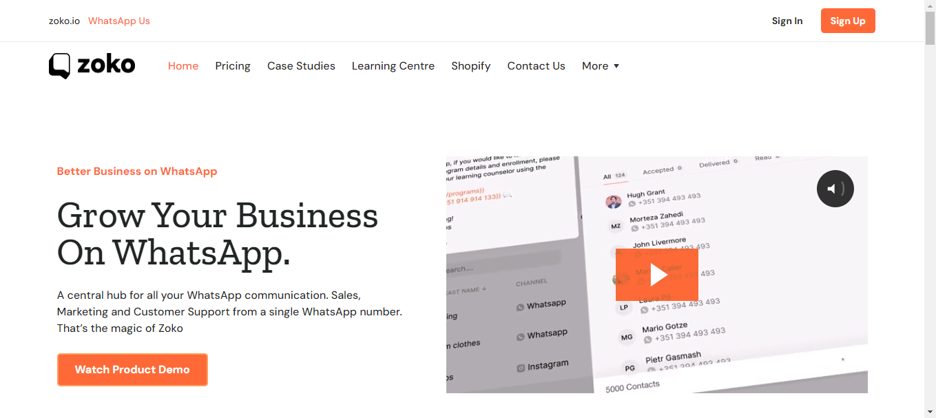 Homepage of Zoko, a WhatsApp API provider.