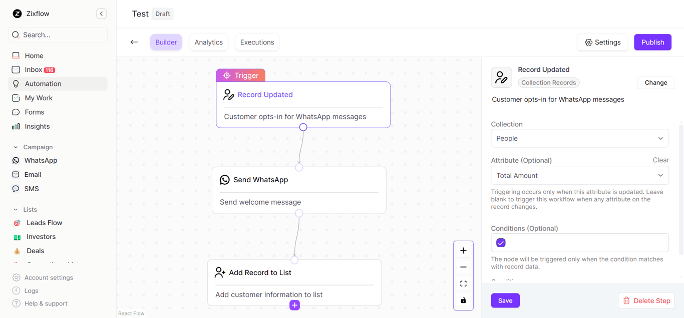 Zixflow Flow through which you can automate your WhatsApp campaigns.