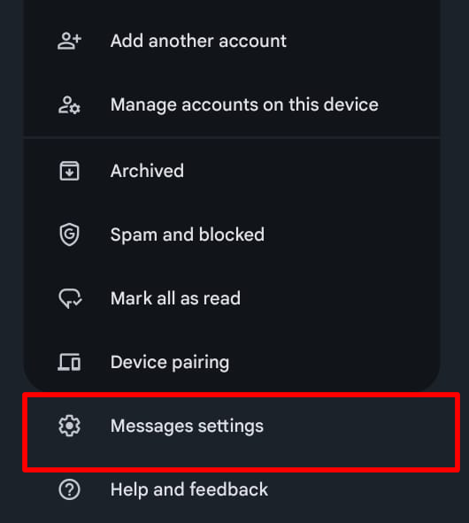 Google Message settings options.