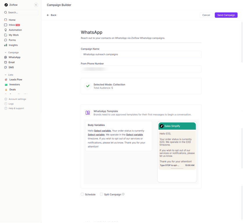 WhatsApp Campaign Builder of Zixflow.