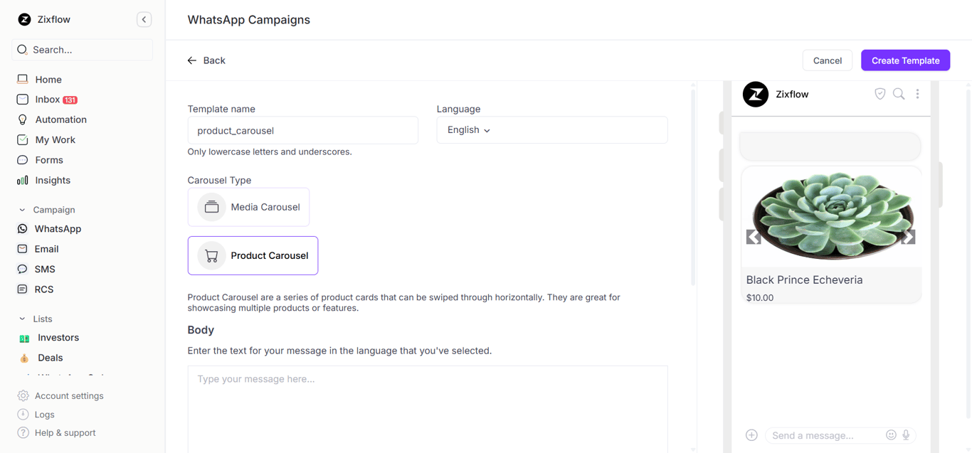 Zixflow’s product carousel message template builder.
