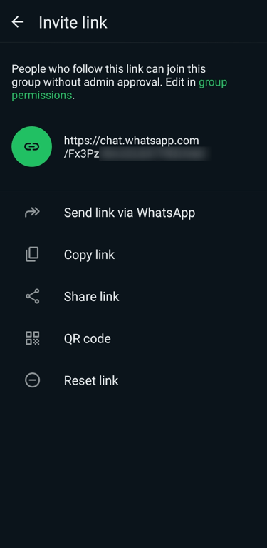 The invitation link screen of your WhatsApp Group.