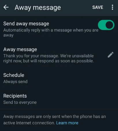 Choose away messages on WhatsApp Business.