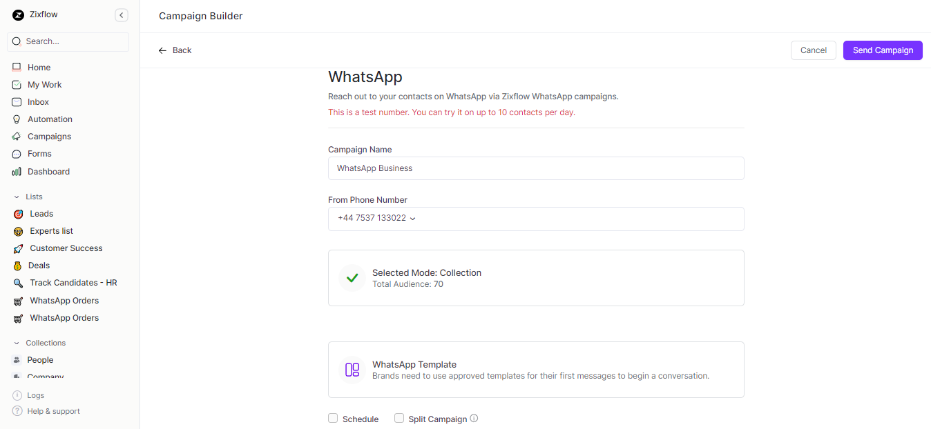 Zixflow’s WhatsApp campaign builder.