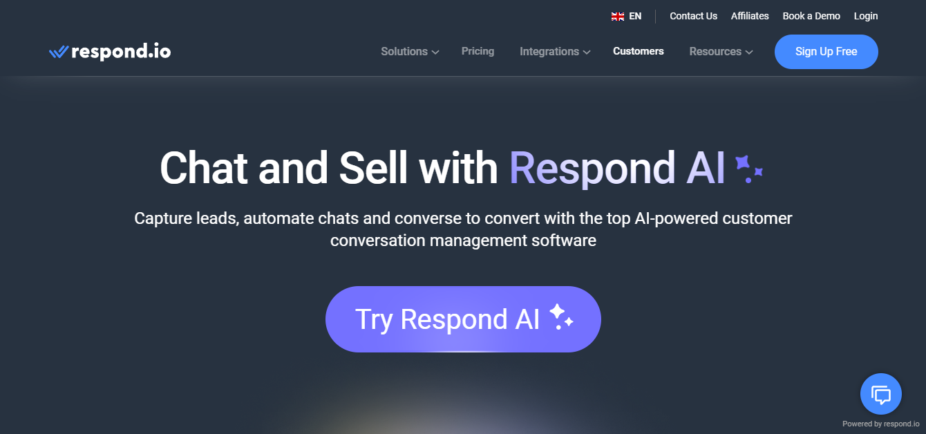 Homepage of Respond.io, one of the great Wati alternatives.