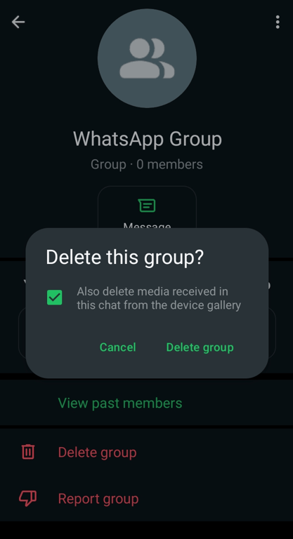 The delete group confirmation message asking if you want to delete the group’s media from your device.