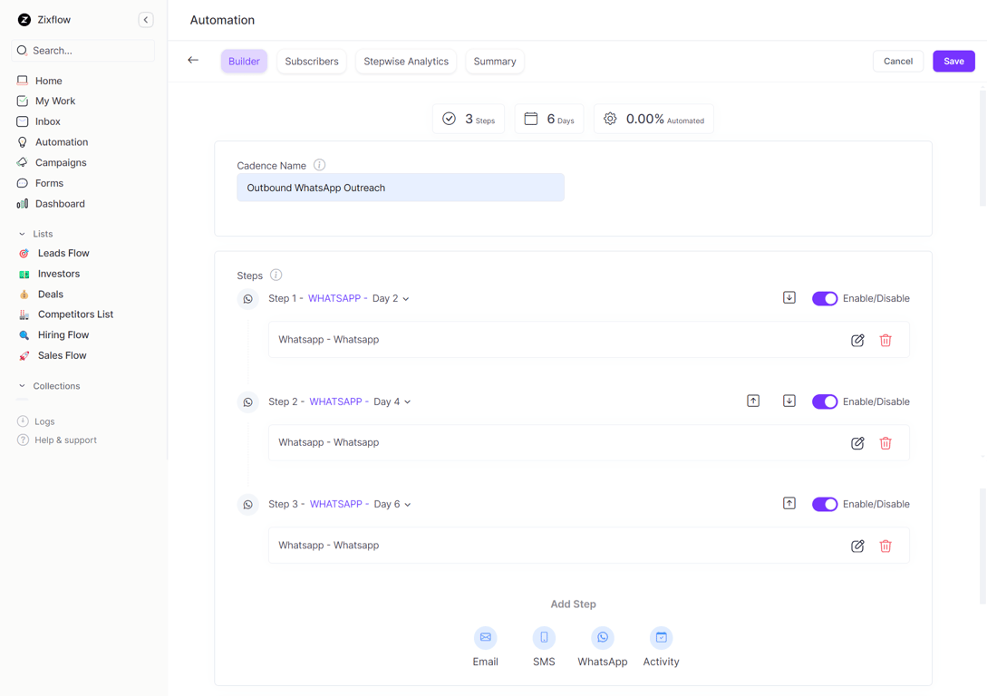 An example of a sales cadence in Zixflow to engage prospects automatically over WhatsApp.