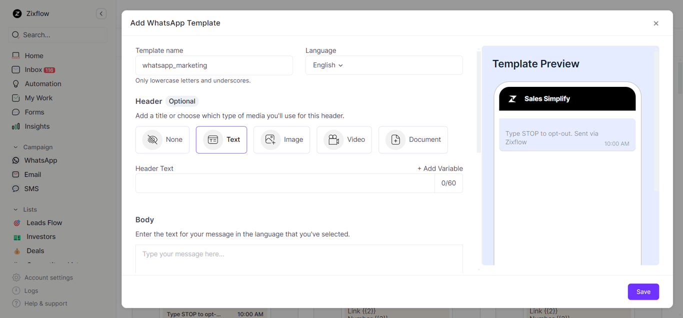 Zixflow provides WhatsApp templates.