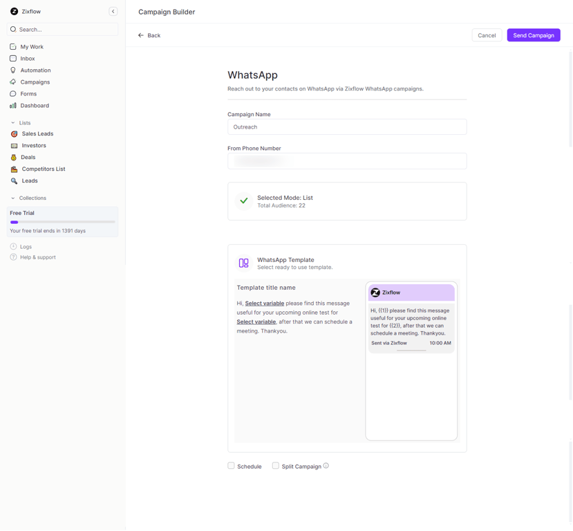 Zixflow WhatsApp campaign builder.