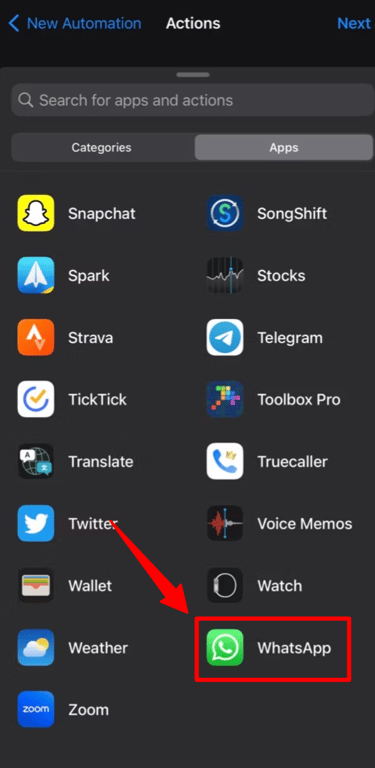 Select the WhatsApp app from the list of Apps before creating your message.