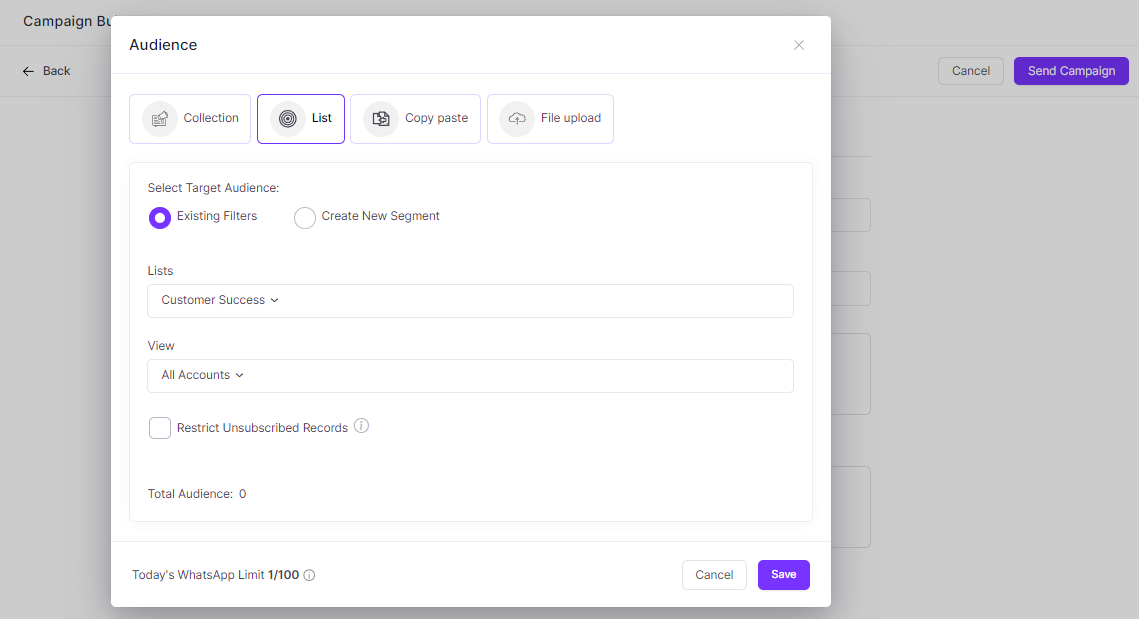 With Zixflow’s WhatsApp campaign builder you can select the collection, list upload files, and copy-paste your message.