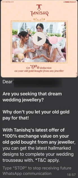 WhatsApp message example from Tanishq with a promotional video to interact with contacts.