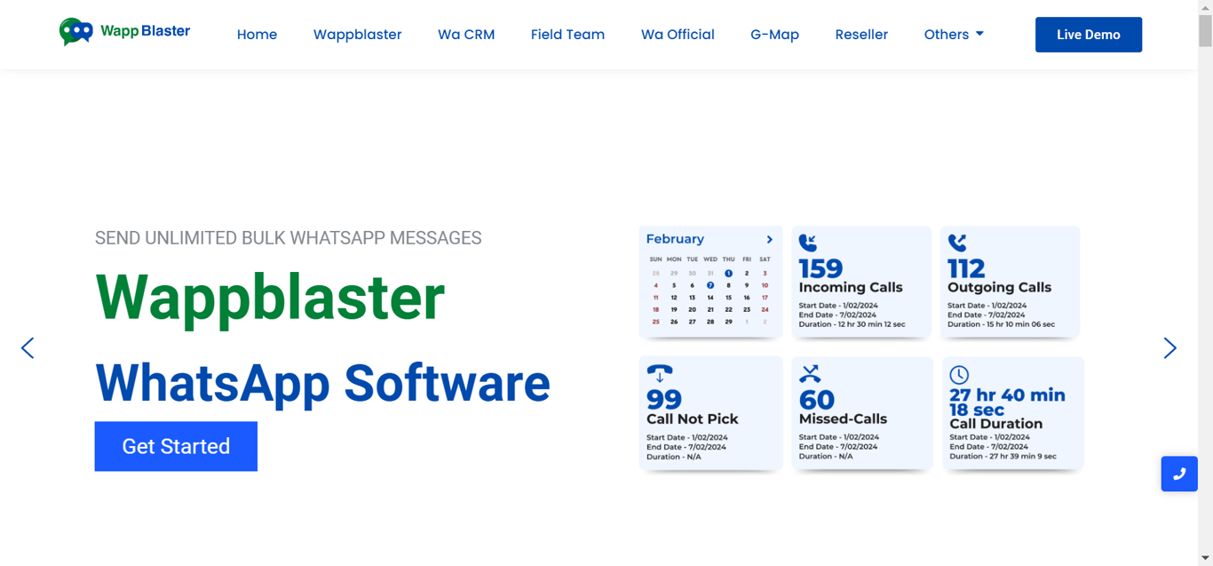 Homepage of Wappblaster, a bulk WhatsApp message sender.