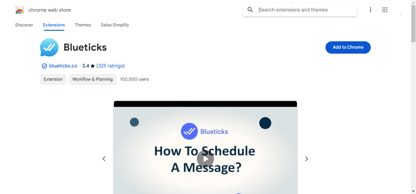 Blueticks’ Google Chrome Extension page to schedule WhatsApp messages.
